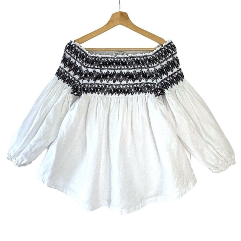 Country Road  White French Linen Black Elastic Embroidery Off Shoulder Blouse